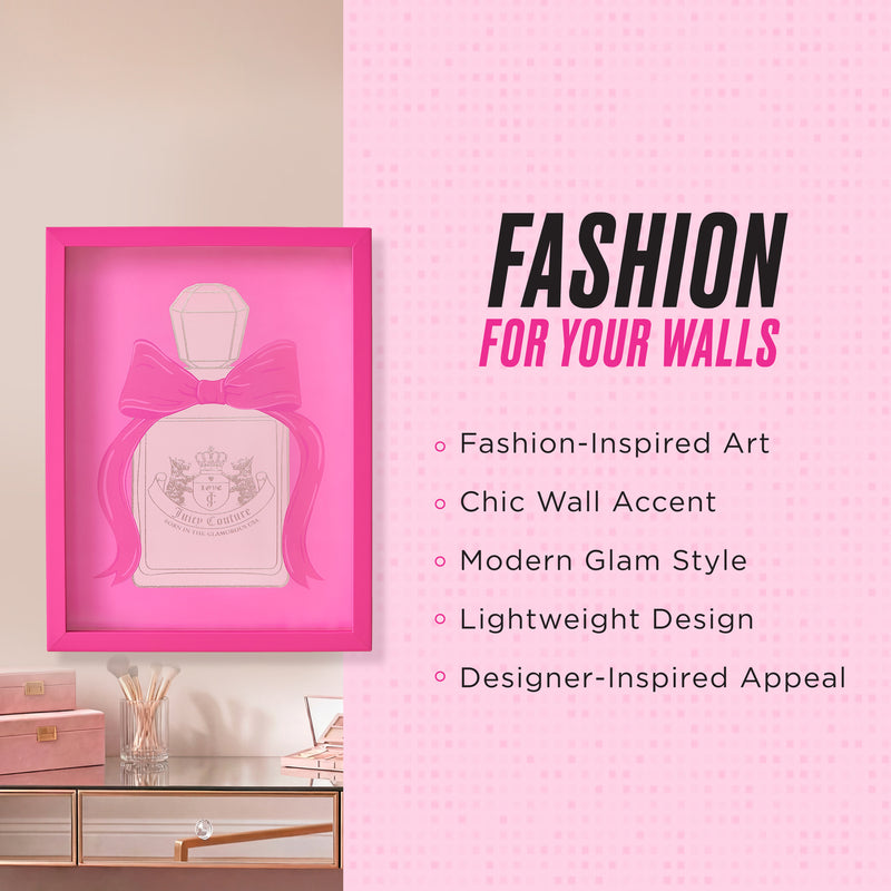 A pink-framed Shadow Box Wall Art (12″ x 16″) featuring a chic illustration of a perfume bottle adorned with a bow, displayed alongside highlights such as fashion-inspired artwork, modern glam style, designer-inspired appeal, lightweight design, and serves as a stylish wall accent. This piece adds a touch of Juicy Couture luxury to your space and stands out as an eye-catching addition to your shadow box art collection.