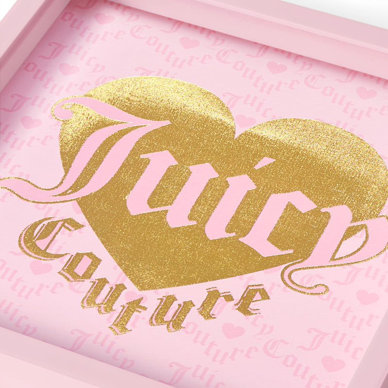 Featuring a dazzling gold glitter heart with “Juicy Couture” elegantly scripted in ornate gold and pink lettering, this 14″ x 14″ Shadow Box Wall Art showcases a vibrant pink background adorned with repeating Juicy Couture text and charming small hearts—an eye-catching, fashion-inspired piece perfect for adding unique flair to your wall decor or displaying as an exceptional shadow box art display.