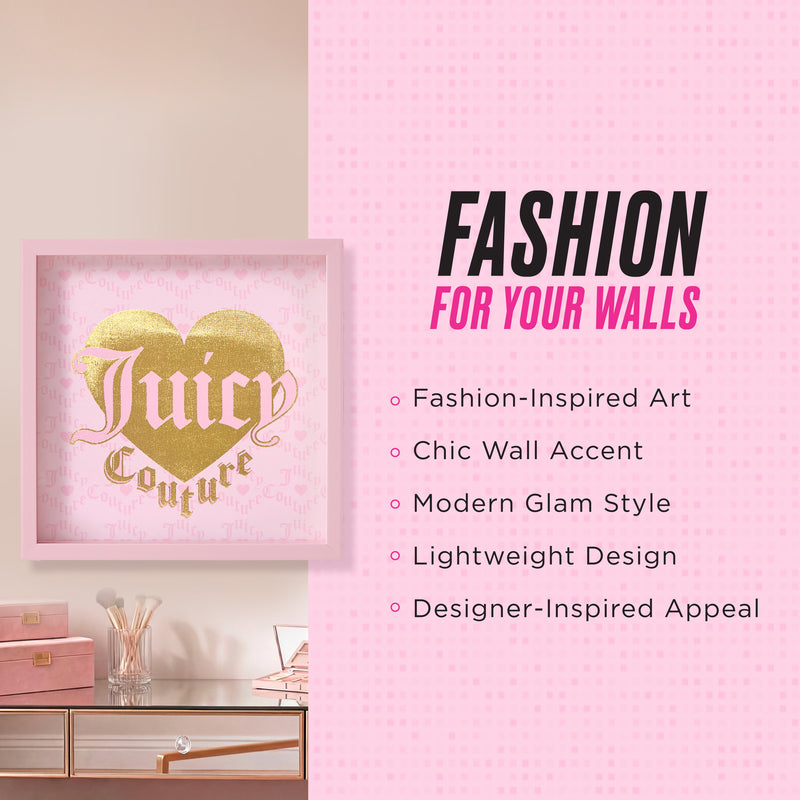Shadow Box Wall Art, 14″ x 14″, features a pink frame with a gold heart and Juicy Couture text set against a stylish pink patterned background. This fashion-inspired piece brings modern glam style to your space, making it the perfect statement decor for chic interiors.