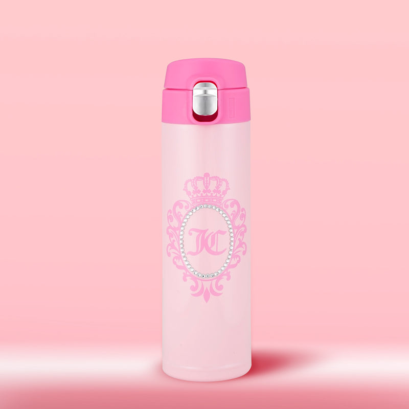 Light pink Pop Top Lid Stainless Steel Tumbler, 15 oz, featuring a pop-top lid and a crown logo surrounded by a faux-rhinestone border.