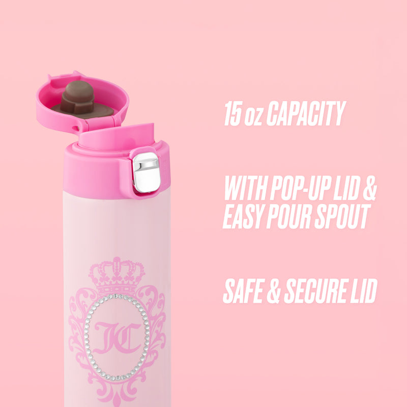 Pink Juicy Couture Pop Top Lid Stainless Steel Tumbler, 15 oz, featuring a rhinestone-embellished crown logo, pop-up lid, easy pour spout, and secure design.