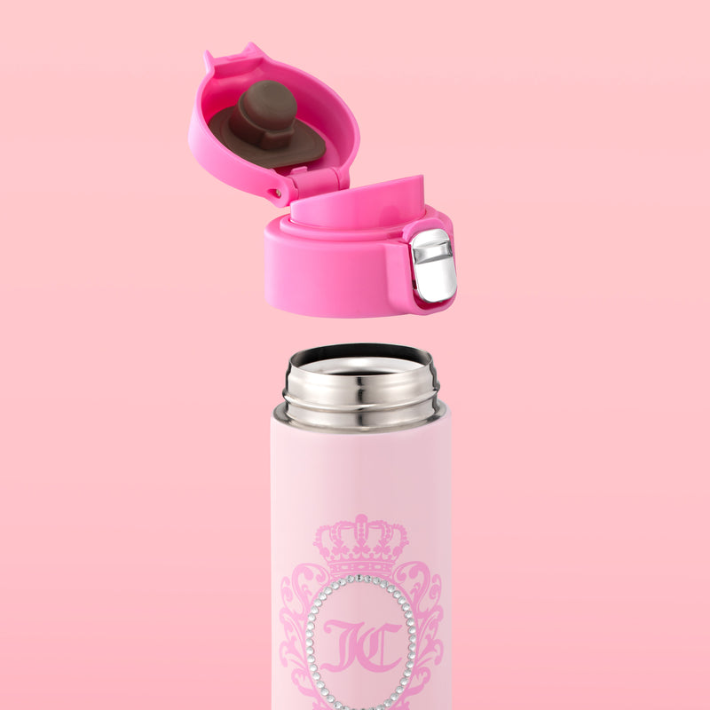 Light pink Pop Top Lid Stainless Steel Tumbler, 15 oz, featuring a crown and monogram design with a detached pop-top lid above the opening.