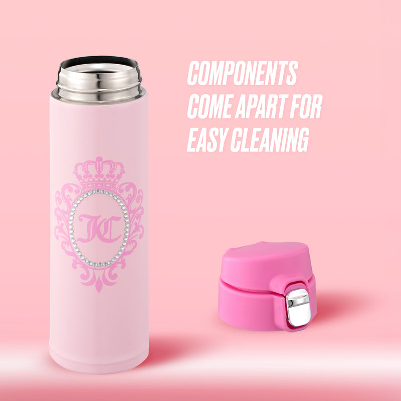 A light pink Pop Top Lid Stainless Steel Tumbler, 15 oz, shown next to its detached lid, with a crown and monogram logo and text that reads: Components come apart for easy cleaning.