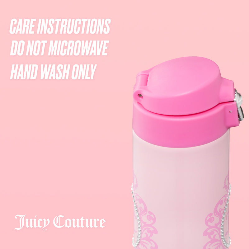 Pink Pop Top Lid Stainless Steel Tumbler, 15 oz, in pink stainless steel with a pink pop-top lid, featuring CARE INSTRUCTIONS DO NOT MICROWAVE HAND WASH ONLY and Juicy Couture text on a pink background.
