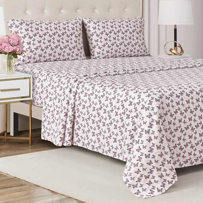 Printed Microfiber Sheet Set in white featuring a repeating pattern of pink and black butterflies.