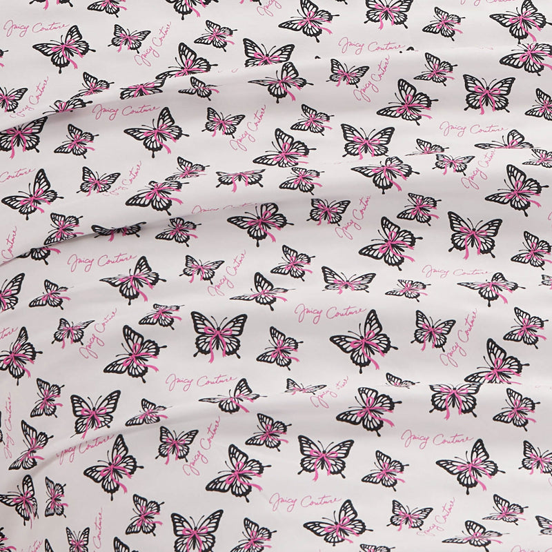 Printed Microfiber Sheet Set featuring white microfiber fabric patterned with black and pink butterfly illustrations and repeating script text.