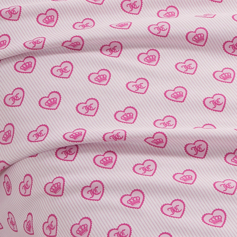 Light pink Printed Microfiber Sheet Set featuring white pinstripes and a repeating pattern of pink hearts containing a crown and the letters JC.