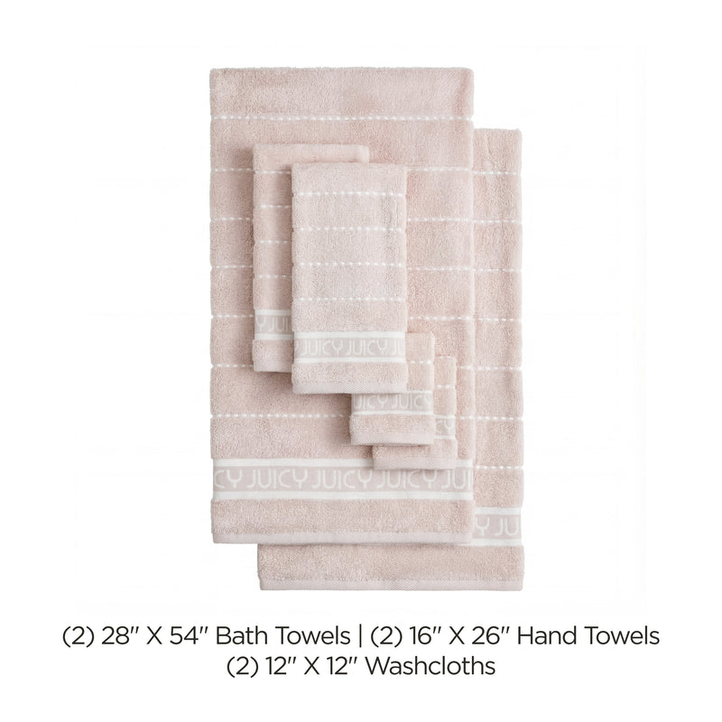 The Plush Stripe Bath Towel Set in beige with white stripes includes 2 bath towels, 2 hand towels, and 2 washcloths, all quick-drying and ultra-soft. Sizes and quantities are listed below the set, arranged from largest to smallest.
