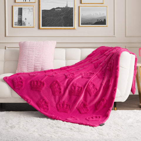 3D Faux Fur Throw Blanket - Hot Pink Crowns - Juicy Couture
