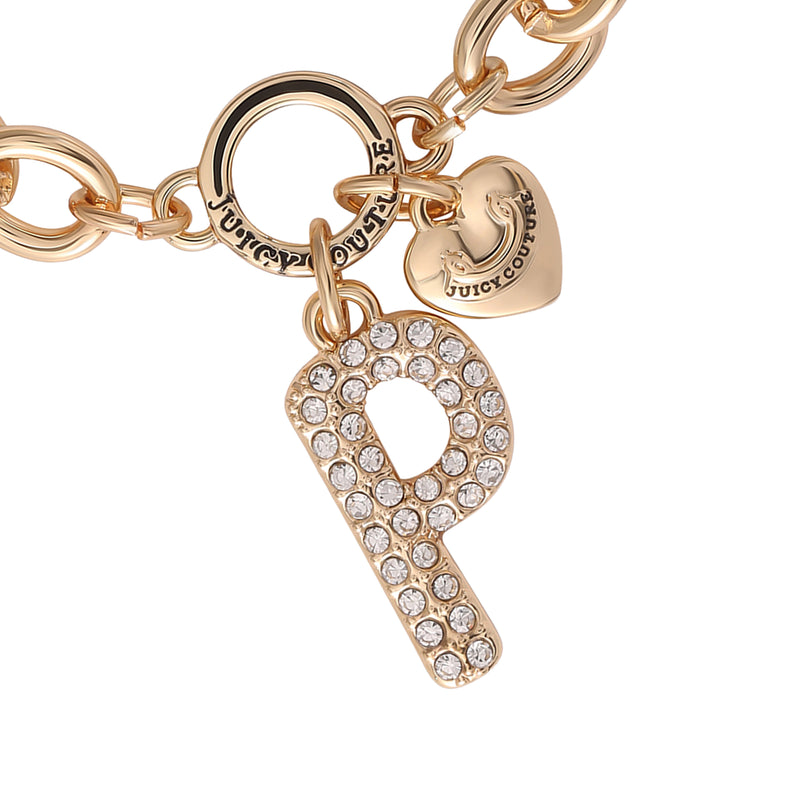 Introducing the Pavé Initial Charm Bracelet, Letter P by Juicy Couture—a bold gold chunky bracelet adorned with a sparkling rhinestone-studded letter ‘P’ charm and a petite gold heart charm engraved with the Juicy Couture logo.