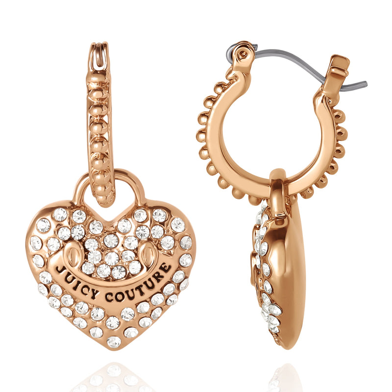 Heart Charm Hoop Earrings with Crystal Accents - Goldtone - Juicy Couture