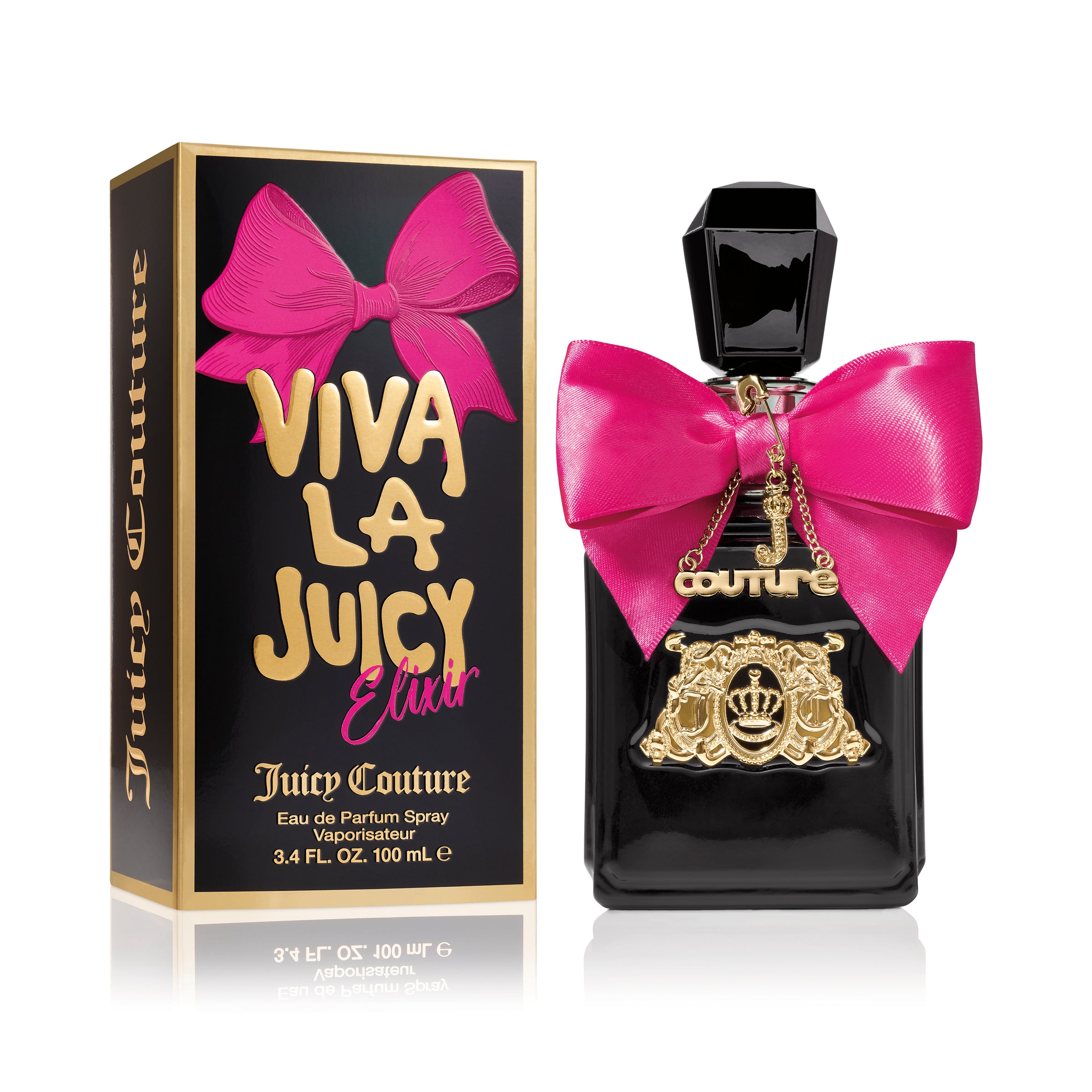 A black Viva La Juicy Elixir Eau de Parfum Spray, 3.4 fl oz, for women features a large pink bow and gold crest on the bottle beside its matching black and gold box with a bold pink bow graphic and elegant gold lettering.