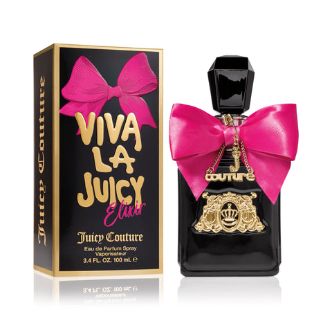 A black Viva La Juicy Elixir Eau de Parfum Spray, 3.4 fl oz, for women features a large pink bow and gold crest on the bottle beside its matching black and gold box with a bold pink bow graphic and elegant gold lettering.