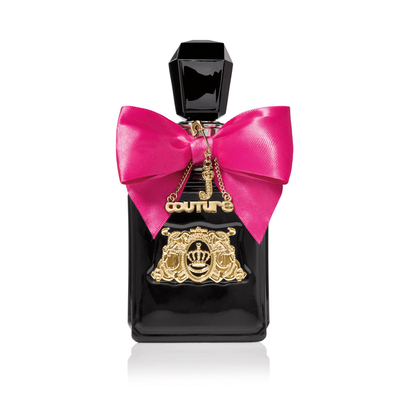 The Viva La Juicy Elixir Eau de Parfum Spray (3.4 fl oz) comes in a black bottle with a shiny pink bow, gold crown charm, and "Couture" detail, finished with a faceted black cap for an elegant feminine touch.