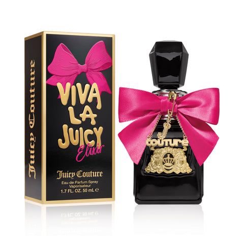 The Viva La Juicy Elixir Eau de Parfum Spray, 1.7 fl oz, features a pink bow and gold charms on the bottle and comes in a matching black and pink box with bold gold lettering and the iconic Juicy Couture logo.