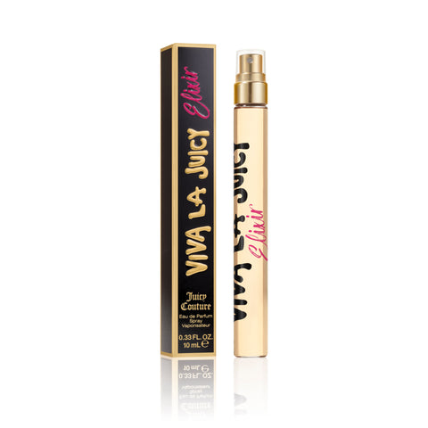A gold cylindrical Viva La Juicy Elixir Eau de Parfum Spray Pen (0.33 fl oz) stands beside its matching gold and black box with pink accents, both displaying the Juicy Couture logo and designed for women.