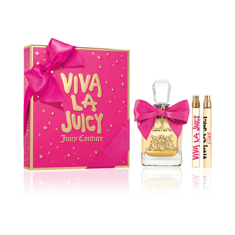 A Viva La Juicy 3 Piece Fragrance Gift Set featuring a pink box with a bow, gold lettering, a signature perfume bottle adorned with a pink bow, and two travel sprays—perfect for fans of classic Juicy Couture fragrances.