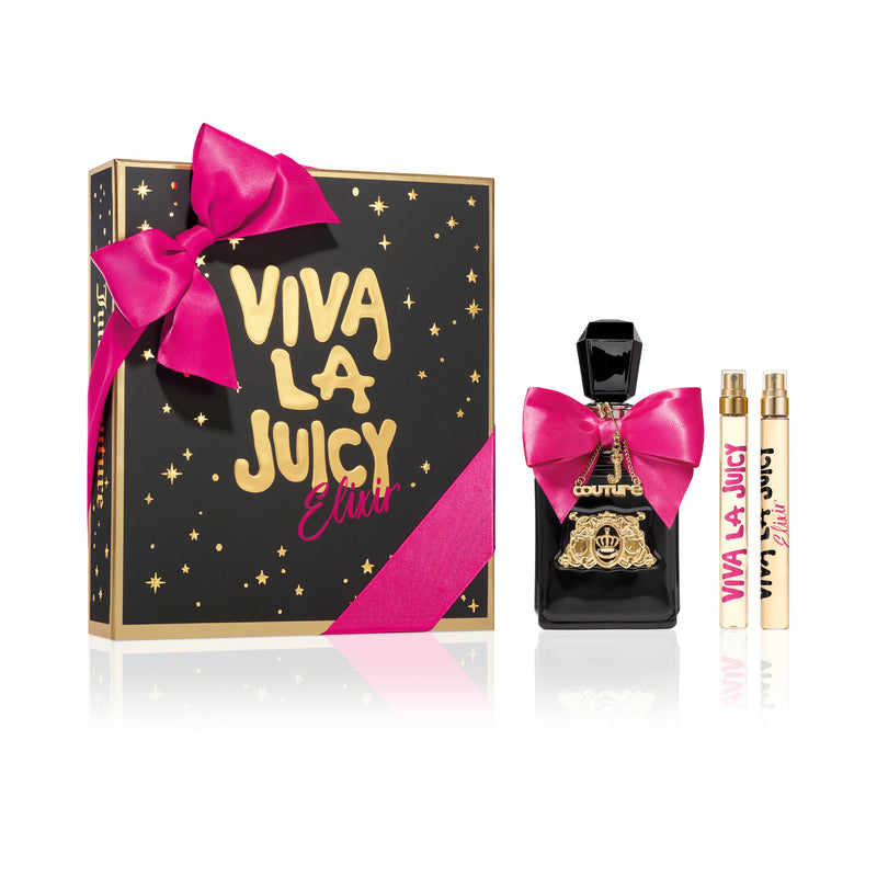 The Viva La Juicy Elixir 3 Piece Fragrance Gift Set includes a black and gold box with a pink bow, a black eau de parfum bottle accented with a pink bow, and two Juicy Couture perfume travel sprays.