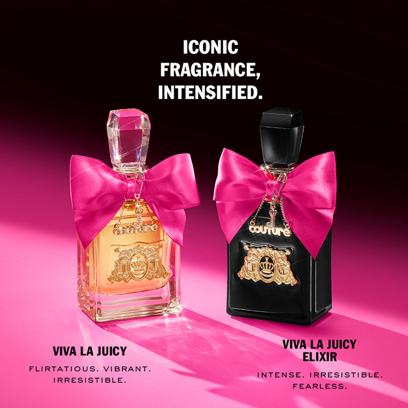 Two Viva La Juicy Elixir 3 Piece Fragrance Gift Set bottles, each adorned with a large pink bow—one in gold and one in black—are displayed side by side on a pink background. Text above reads, ICONIC FRAGRANCE, INTENSIFIED. Each bottle features its scent and descriptive notes.