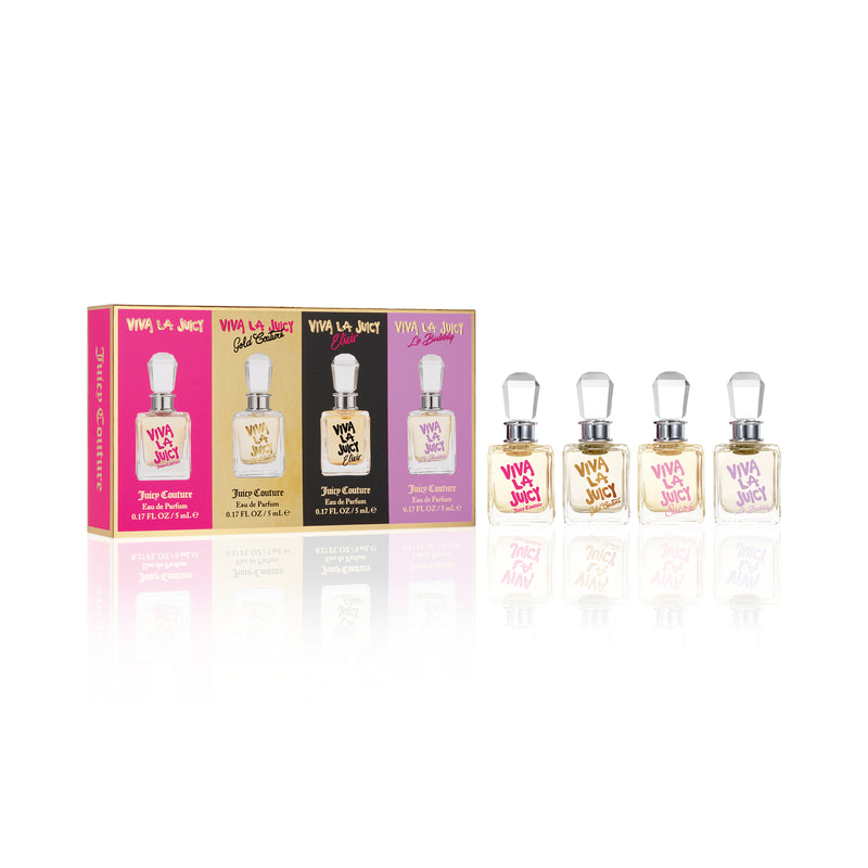 Four mini eau de parfum bottles from the Viva La Juicy 4 Piece Fragrance Discovery Gift Set are lined up next to a pink and gold box featuring the same perfumes. Each bottle contains a different colored liquid and label, showcasing a unique scent from the set.