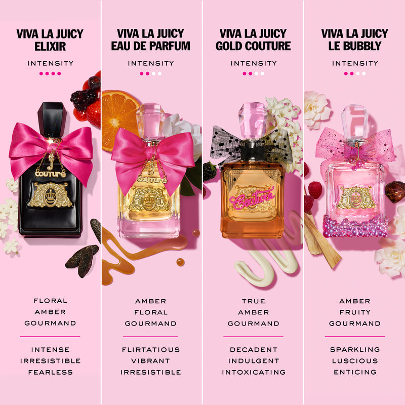 Experience the Viva La Juicy 4 Piece Fragrance Discovery Gift Set, featuring four travel-size perfume bottles adorned with bows—Elixir, Eau De Parfum, Gold Couture, and Le Bubbly. Each mini eau de parfum is beautifully displayed against a pink background with playful illustrations of colorful fruits and flowers, along with scent notes and intensity descriptors. Explore every fragrance spritz to discover your new signature scent.