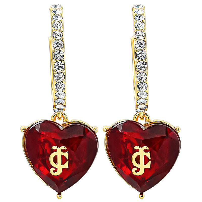 Introducing the Heart Charm Hoop Earrings—gold earrings with red heart-shaped pendants, each accented by a gold JC monogram at the center. The hoops are embellished with clear, sparkling gemstones, making these Juicy Couture Heart Charm Hoop Earrings the ideal statement piece for anyone who loves bold heart jewelry.