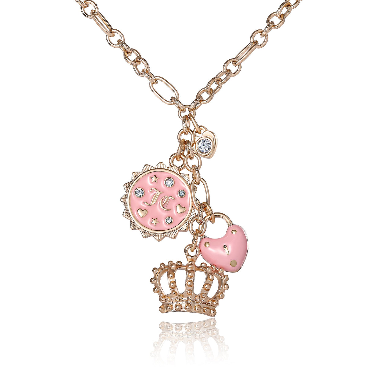 Goldtone Layered Charm Necklace with Pink Enamel Accents  display picture 1