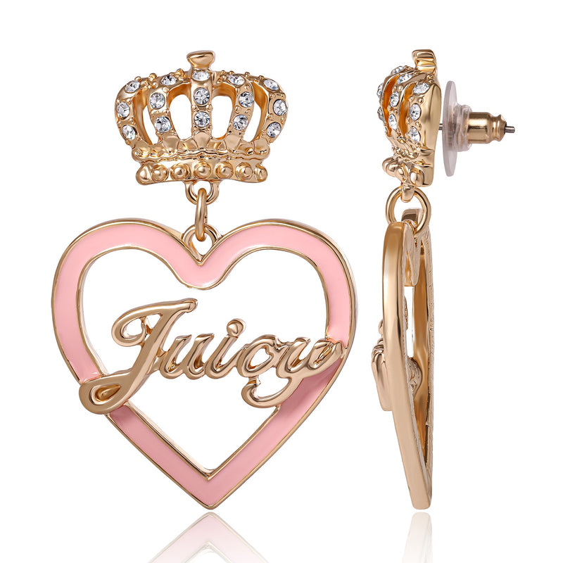 Crown & Pink Heart Drop Earrings