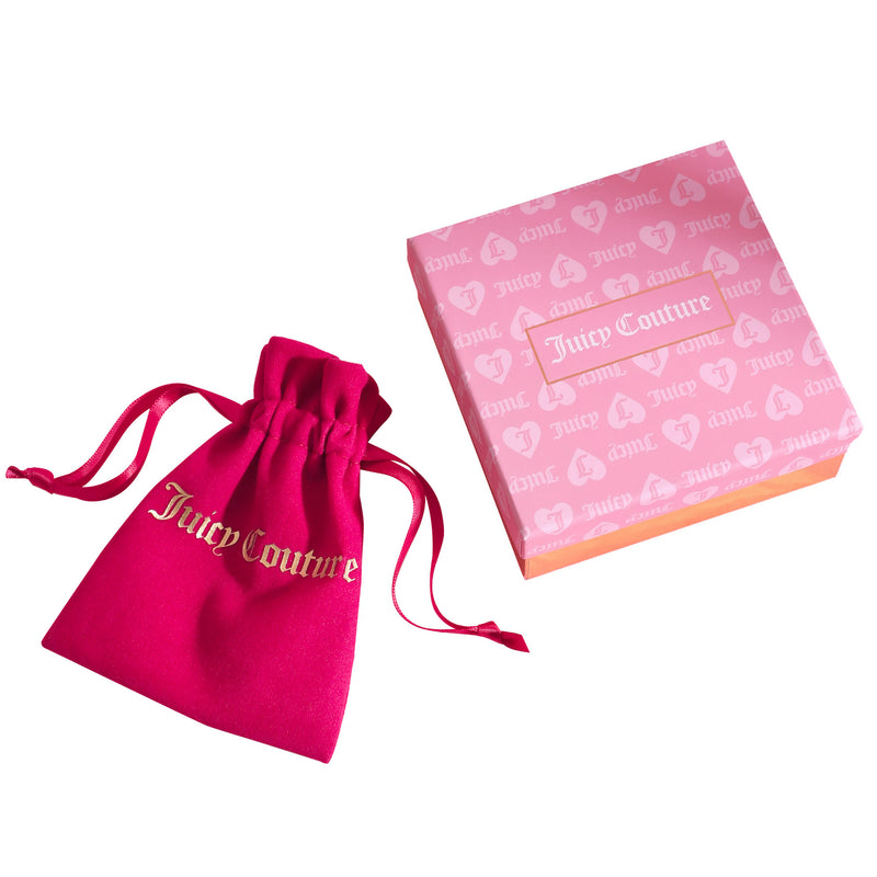 A pink Juicy Couture gift box with a gold logo sits beside a matching pink drawstring pouch, both adorned with the Juicy Couture emblem in gold—ideal for presenting the Crown Charm Toggle Bracelet.