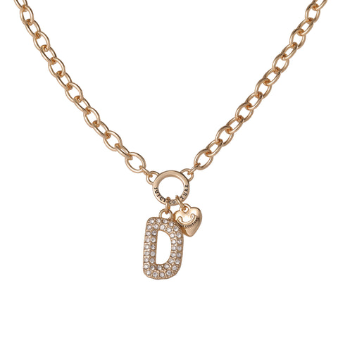 The Bubble Initial Necklace, Letter D, features a gold chain adorned with a sparkling, crystal-studded bubble letter D charm and a delicate gold heart charm—an ideal accessory for fans of personalized jewelry and the playful Y2K style.