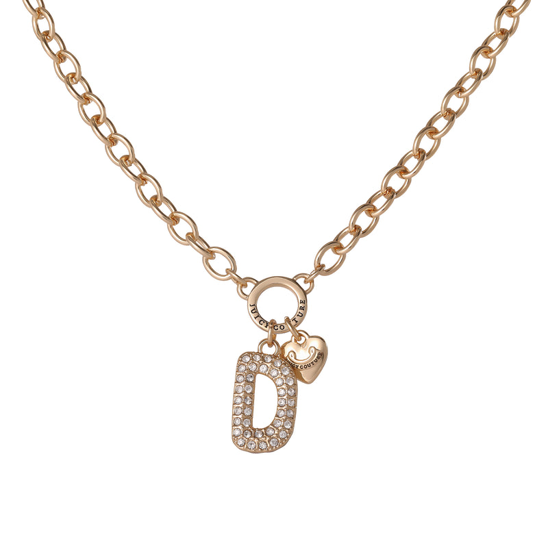 The Bubble Initial Necklace, Letter D, features a gold chain adorned with a sparkling, crystal-studded bubble letter D charm and a delicate gold heart charm—an ideal accessory for fans of personalized jewelry and the playful Y2K style.