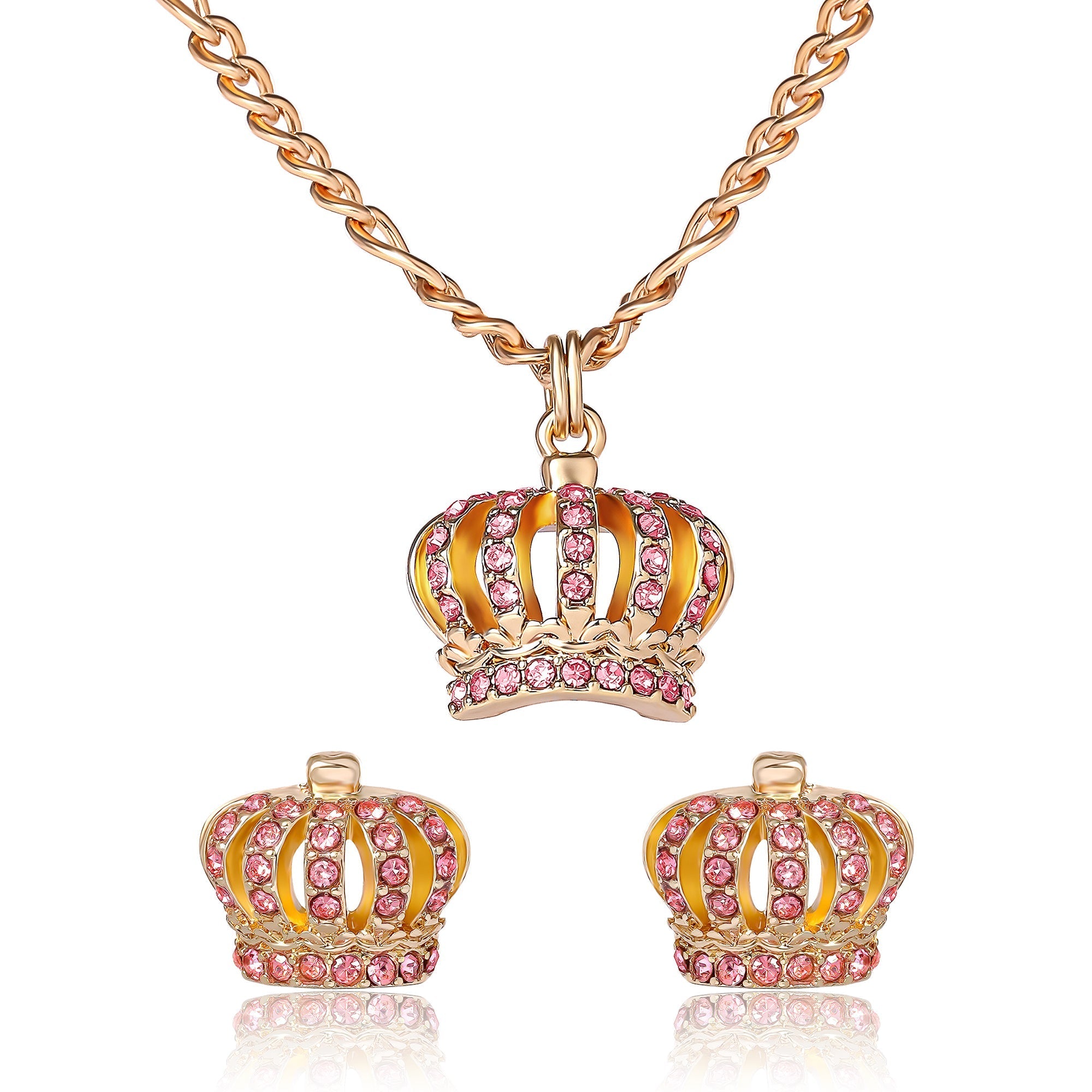 Pink Crystal Crown Pendant Necklace & Stud Earrings Set - Juicy 