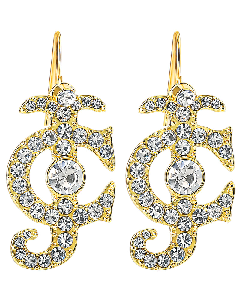 Add a touch of sparkle to any look with the Juicy Couture Rhinestone Logo Drop Earrings—gold hook earrings featuring a stylized symbol encrusted with clear rhinestones, including a striking central stone on each earring, beautifully arranged in an eye-catching pattern. These statement earrings are the perfect jewelry piece for making any outfit shine.