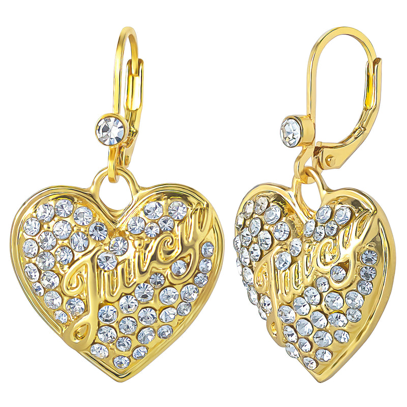 Crystal Heart Charm Dangle Earrings feature gold, heart-shaped dangles encrusted with clear rhinestones and the word “Juicy” in elegant cursive. These Juicy Couture earrings are designed with lever-back hooks, each accented by a single rhinestone—an ideal choice for fans of crystal heart jewelry.