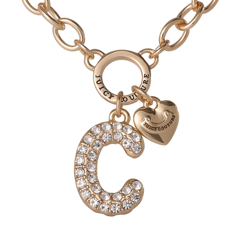 The Bubble Initial Necklace, Letter C, features a gold chain with a bold, crystal-studded bubble letter C charm and a petite heart charm engraved with JUICY COUTURE—an ideal piece to infuse your jewelry collection with Y2K-inspired style and personalization.