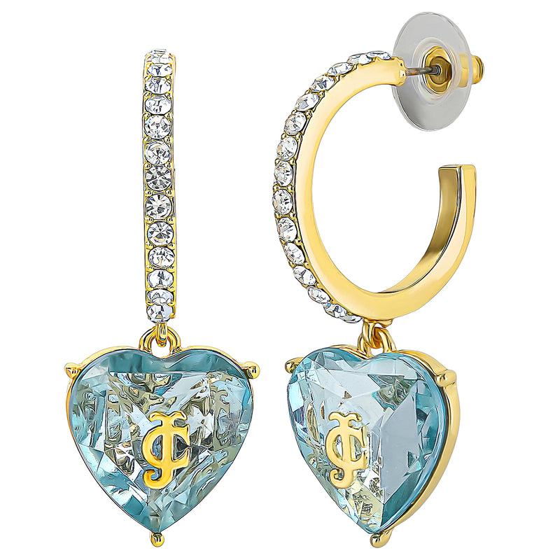 Introducing the Heart Charm Hoop Earrings: statement gold hoops encrusted with small clear crystals, each adorned with a blue heart-shaped charm. The heart gem features a gold monogram at the center, reminiscent of iconic Juicy Couture heart earrings.