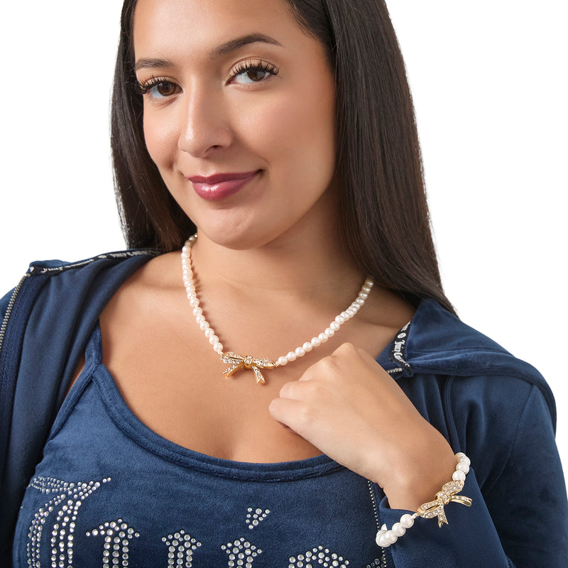 Pearl Necklace with Pavé Bow - Goldtone - Juicy Couture