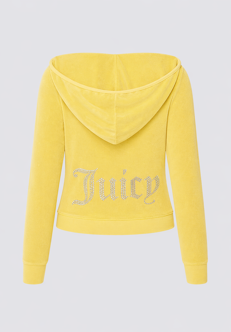 The Big Bling Washed Terry Hoodie is a bright yellow vintage zip-up with long sleeves and a hood, featuring a sparkling rhinestone logo across the back, shown on a plain light gray background.
