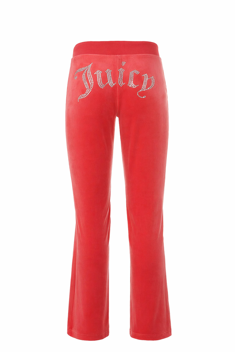 The OG Big Bling Velour Track Pants feature classic Y2K style with flared legs, a comfy elastic waistband, and rhinestone “Juicy” lettering across the back—shown from the rear.