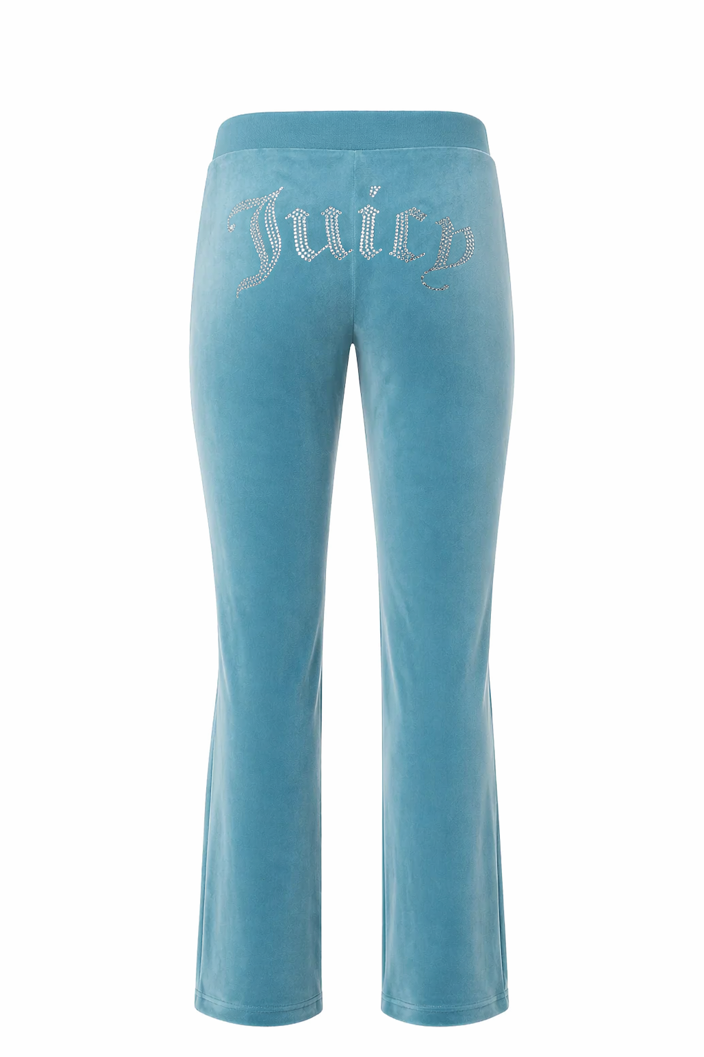 The OG Big Bling Velour Track Pants feature a luxe Y2K vibe, with blue velour fabric and "Juicy" spelled out in rhinestones across the seat—an iconic throwback look from the back.
