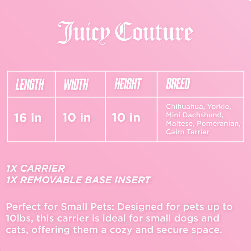A Pet Carrier chart in pink displays its dimensions: 16 inches long, 10 inches wide, and 10 inches high. This stylish carrier is ideal for small breeds such as Chihuahuas, Yorkies, and other pets weighing up to 10 lbs.