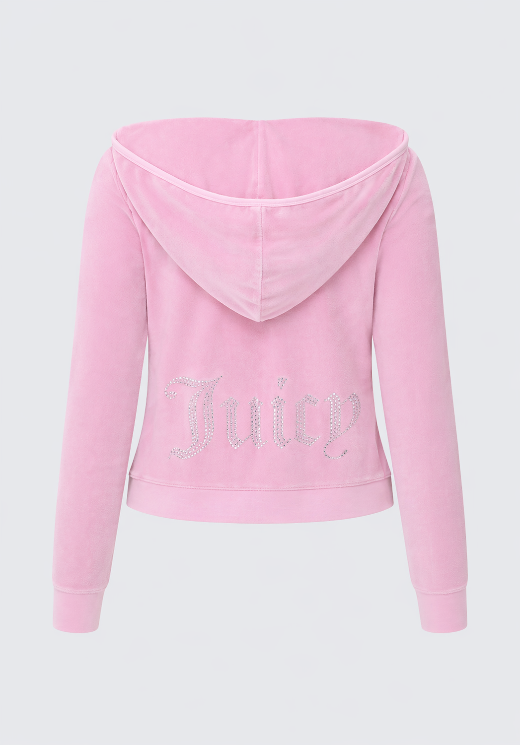 The Big Bling Washed Terry Hoodie is a light pink zip-up hoodie with a hood and long sleeves, featuring "Juicy" in large sparkly rhinestone letters on the back for a glamorous look.