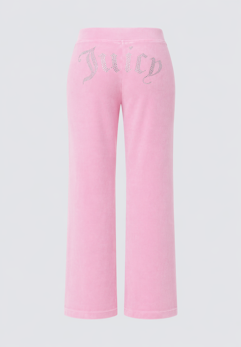 Back view of Big Bling Washed Terry Track Pants in pink, featuring a rhinestone "Juicy" logo across the back. These straight-leg pants offer a relaxed fit, adding casual beach-chic style to your look.
