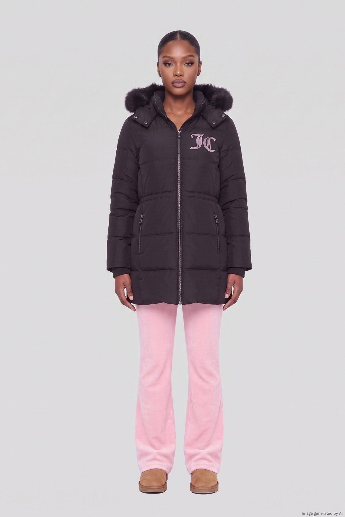 A black, knee-length Stadium Puffer Coat by Juicy Couture with a faux-fur trimmed hood and JC logo on the chest, worn over light pink trousers.