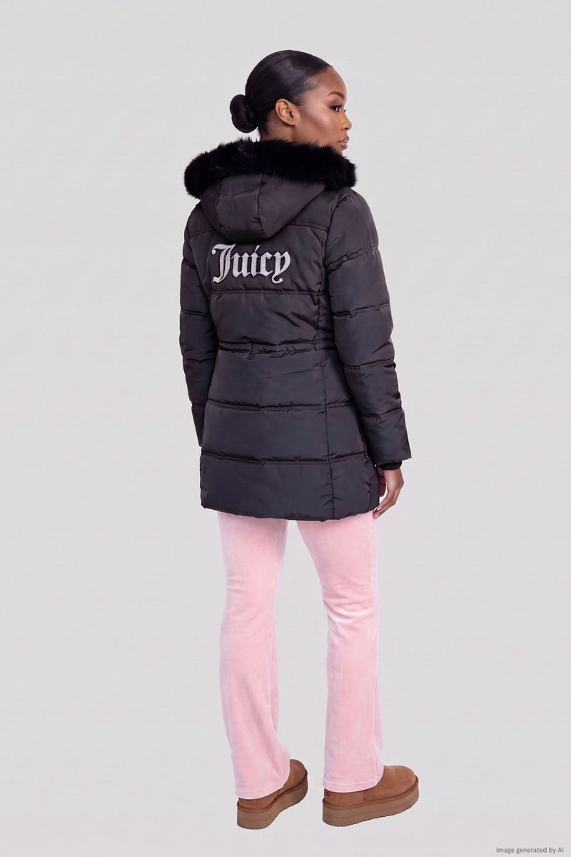 A person wearing a Y2K-inspired Stadium Puffer Coat with a faux-fur trimmed hood and the word Juicy printed in large white letters on the back, paired with light pink pants and brown platform shoes.