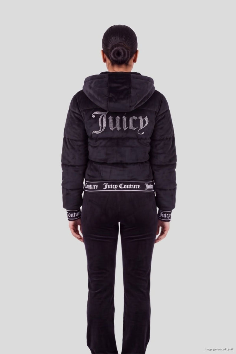Back view of a person wearing a black Velour Puffer Coat with a rhinestone logo on the back and branded trim at the hem and cuffs, paired with matching pants.