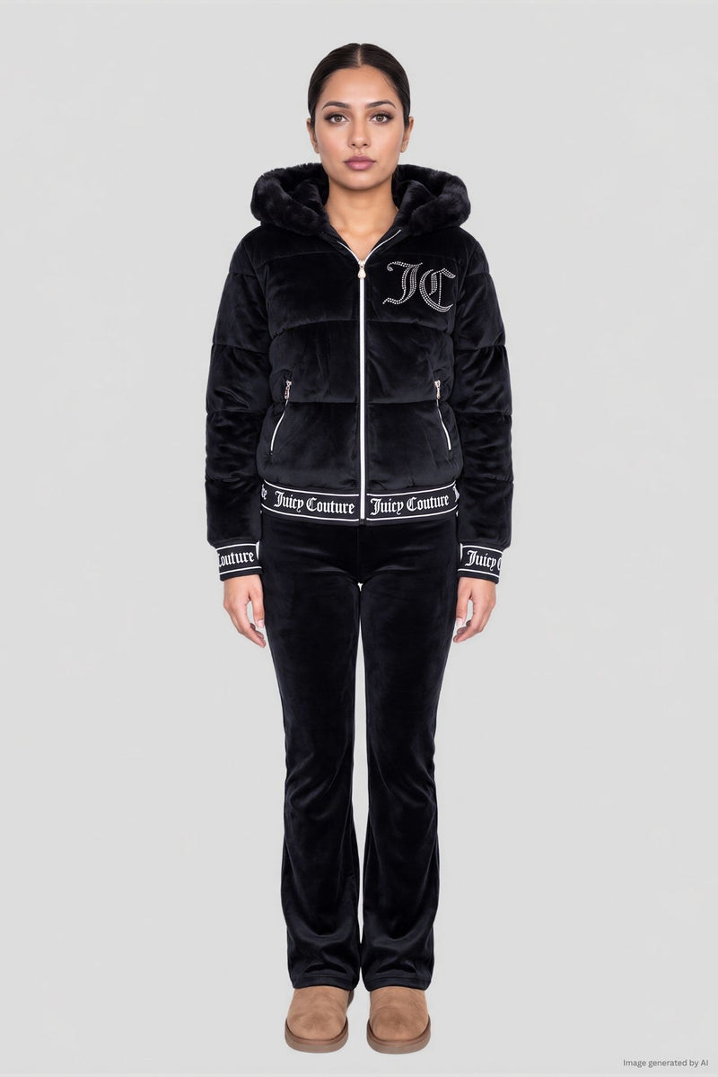 A person wearing a black Velour Puffer Coat with rhinestone detailing and matching velour pants with branded trim.