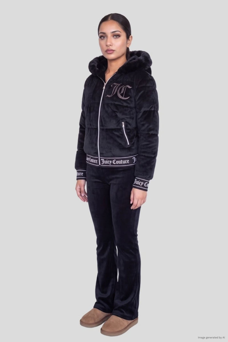 A person wearing an embellished statement black Velour Puffer Coat with a hood, matching velour pants, and tan slip-on shoes.