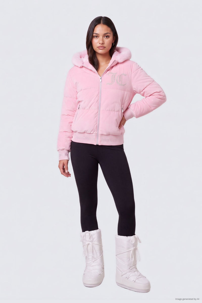 A person wears a light pink Juicy Velour Puffer Coat with an embellished statement fur-trimmed hood, black leggings, and white snow boots.