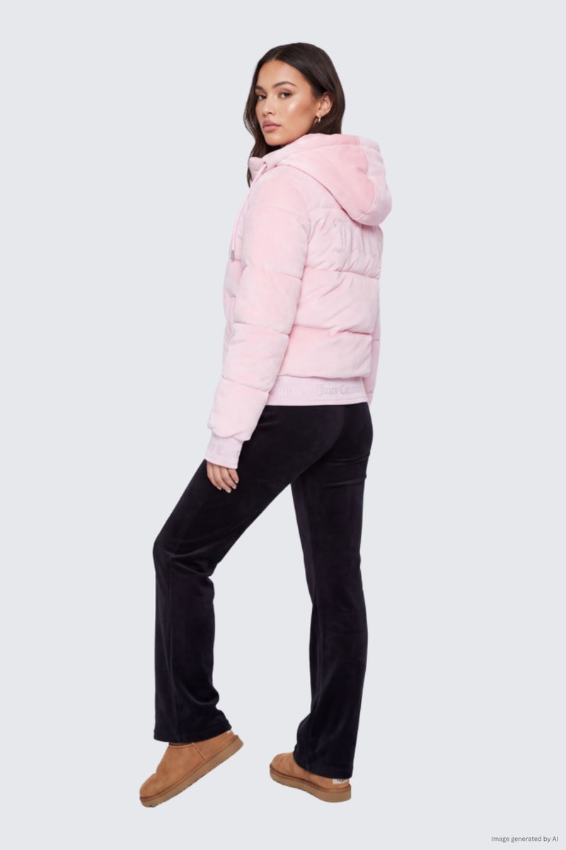 A person wearing an embellished light pink Velour Puffer Coat over black pants and tan ankle boots.